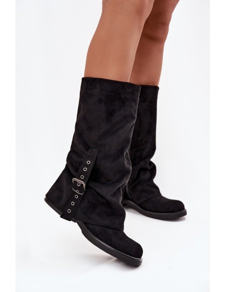 Women's Boots With Wrinkled Shaft And Buckle Black Ophelis