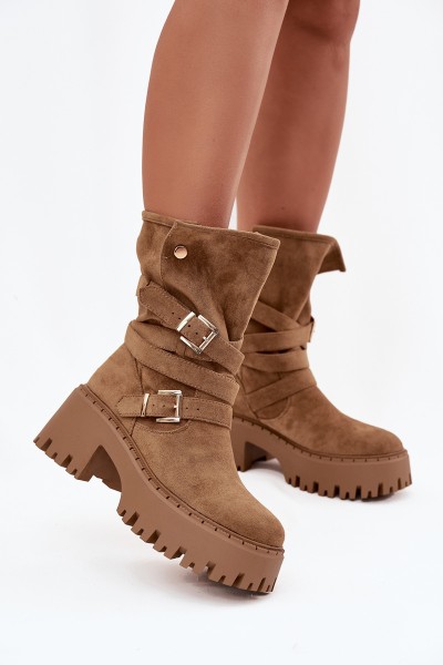 Women's Ankle Boots with Chunky Heel with Buckles and Strap Khaki Nerelisa