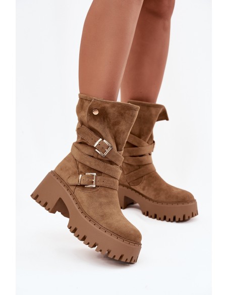 Women's Ankle Boots with Chunky Heel with Buckles and Strap Khaki Nerelisa