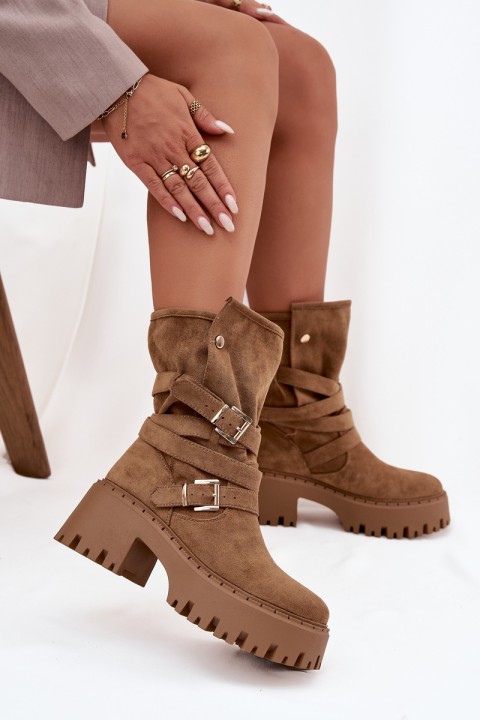 Women's Ankle Boots with Chunky Heel with Buckles and Strap Khaki Nerelisa