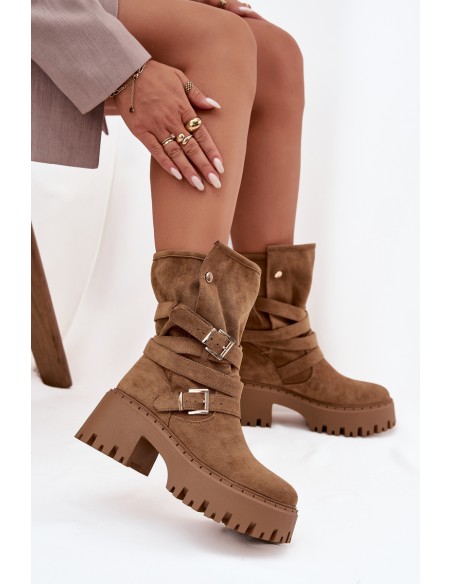Women's Ankle Boots with Chunky Heel with Buckles and Strap Khaki Nerelisa
