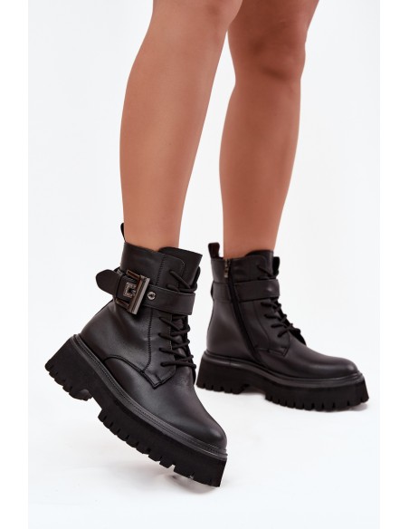 Leather Women's Work Boots Insulated With Decorative Clasp D&A MK52-032 Black