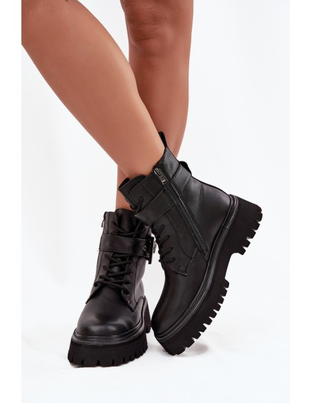 Leather Women's Work Boots Insulated With Decorative Clasp D&A MK52-032 Black