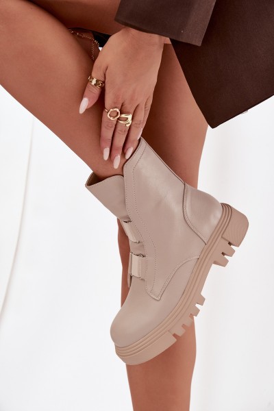 Fleece Lined Women's Worker Boots with Zip Eco Leather Light Beige Mailyra