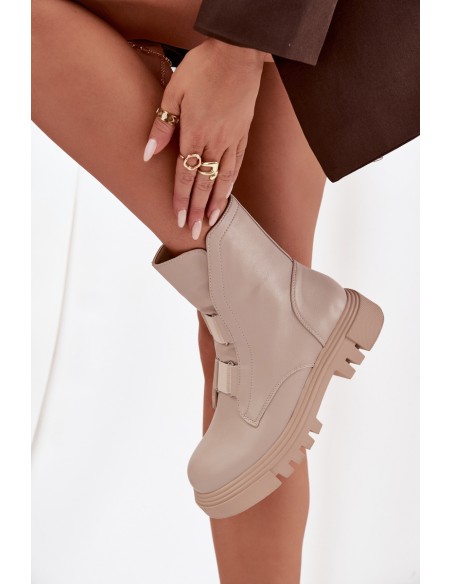 Fleece Lined Women's Worker Boots with Zip Eco Leather Light Beige Mailyra