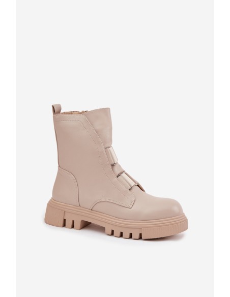 Fleece Lined Women's Worker Boots with Zip Eco Leather Light Beige Mailyra