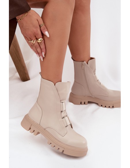 Fleece Lined Women's Worker Boots with Zip Eco Leather Light Beige Mailyra