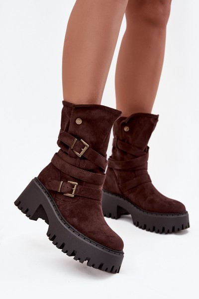 Women's ankle boots on chunky heel with buckles and strap chocolate Nerelisa