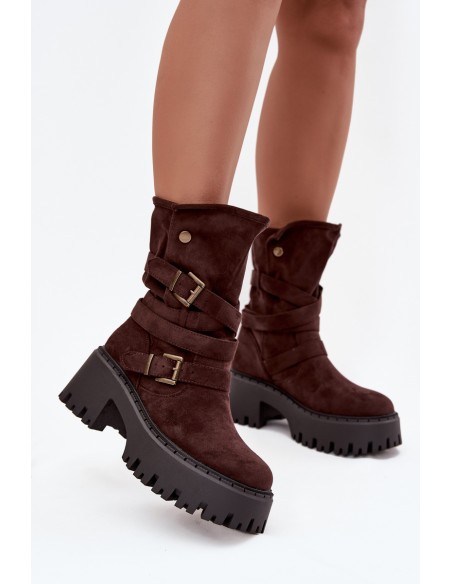 Women's ankle boots on chunky heel with buckles and strap chocolate Nerelisa