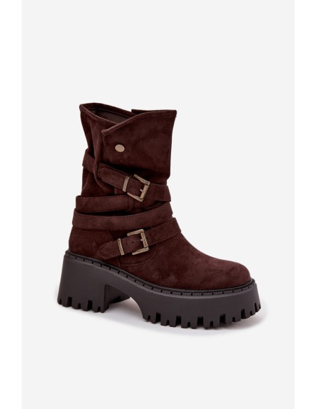 Women's ankle boots on chunky heel with buckles and strap chocolate Nerelisa