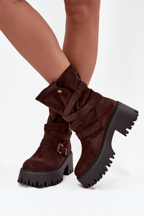 Women's ankle boots on chunky heel with buckles and strap chocolate Nerelisa