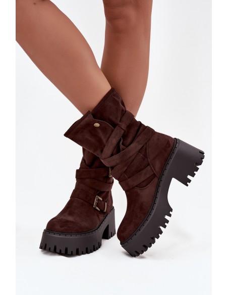 Women's ankle boots on chunky heel with buckles and strap chocolate Nerelisa