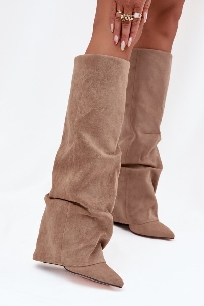 Insulated Women's Boots With Turned Collar On Heel Eco Suede Beige Elivira