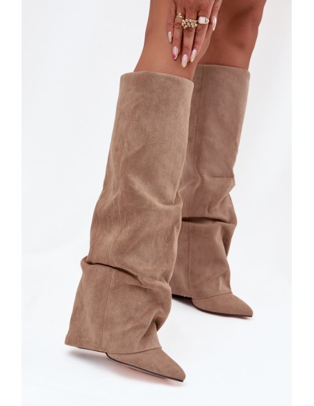 Insulated Women's Boots With Turned Collar On Heel Eco Suede Beige Elivira