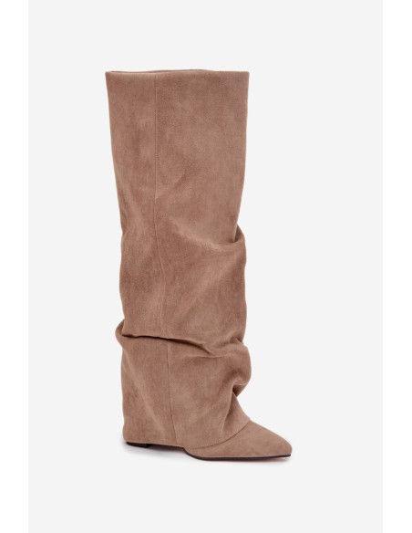 Insulated Women's Boots With Turned Collar On Heel Eco Suede Beige Elivira