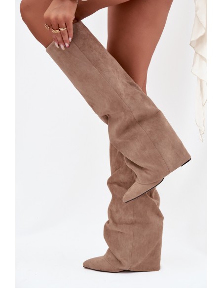 Insulated Women's Boots With Turned Collar On Heel Eco Suede Beige Elivira