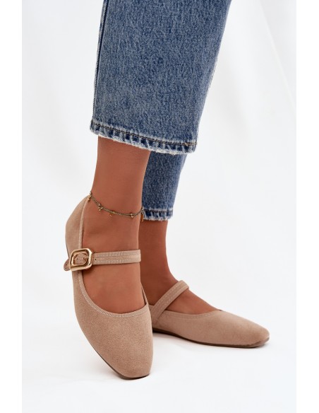 Ballet flats with strap and gold buckle Eco suede Beige Adelora