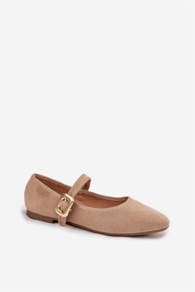 Ballet flats with strap and gold buckle Eco suede Beige Adelora 2