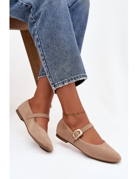 Ballet flats with strap and gold buckle Eco suede Beige Adelora