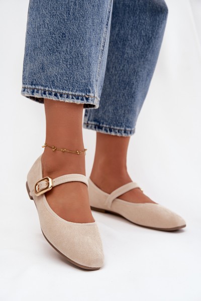 Ballerinas With Strap And Gold Clasp Eco Suede Light Beige Adelora