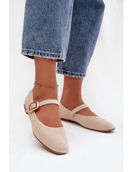 Ballerinas With Strap And Gold Clasp Eco Suede Light Beige Adelora