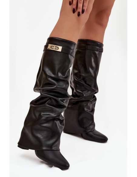 Women's Heeled Boots With Folded Shaft And Gold Detail Black Diorna