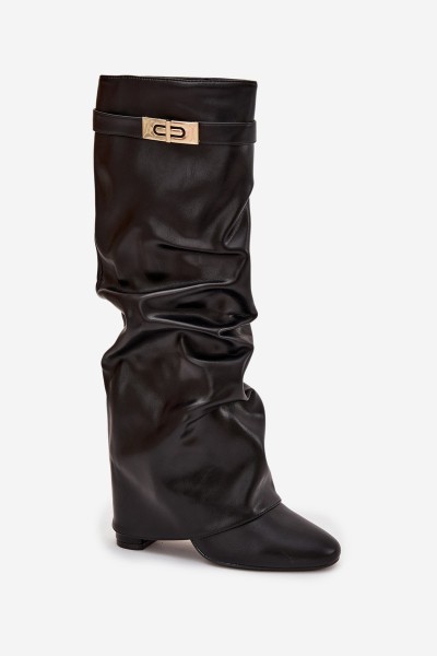 Women's Heeled Boots With Folded Shaft And Gold Detail Black Diorna 2