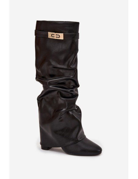Women's Heeled Boots With Folded Shaft And Gold Detail Black Diorna