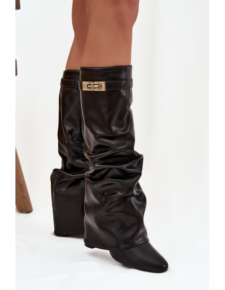 Women's Heeled Boots With Folded Shaft And Gold Detail Black Diorna