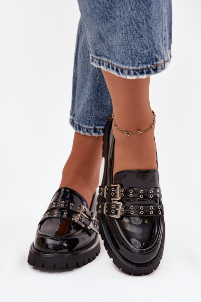 Patent Leather Ladies Moccasins With Straps And Silver Buckles Black Gabrisse