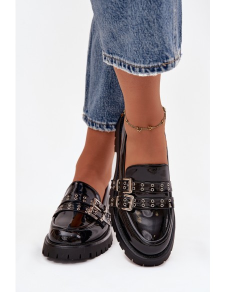 Patent Leather Ladies Moccasins With Straps And Silver Buckles Black Gabrisse