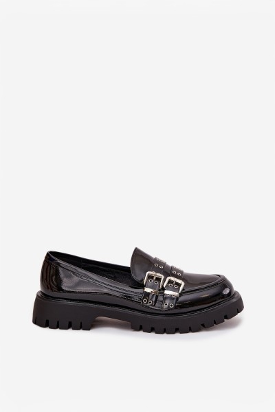 Patent Leather Ladies Moccasins With Straps And Silver Buckles Black Gabrisse 2