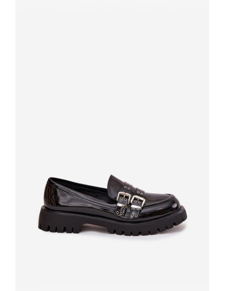 Patent Leather Ladies Moccasins With Straps And Silver Buckles Black Gabrisse