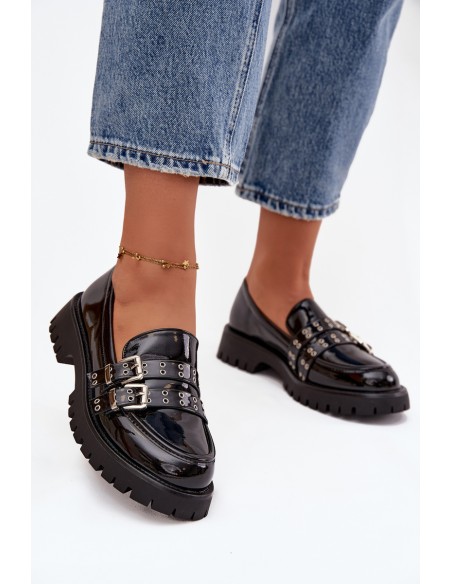 Patent Leather Ladies Moccasins With Straps And Silver Buckles Black Gabrisse
