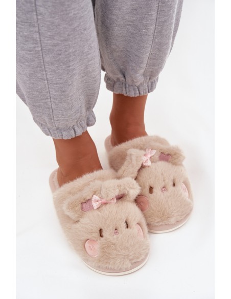 Furry Women's Slippers With Ears And Bow Beige Corayne