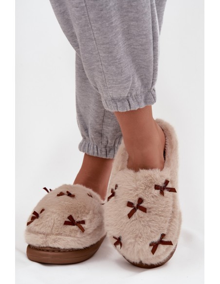 Furry Women's Slippers with Bows Beige Saviera