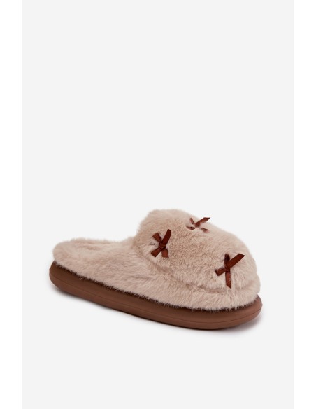Furry Women's Slippers with Bows Beige Saviera