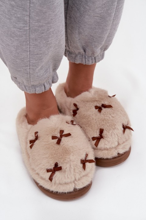 Furry Women's Slippers with Bows Beige Saviera