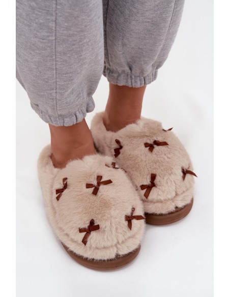 Furry Women's Slippers with Bows Beige Saviera