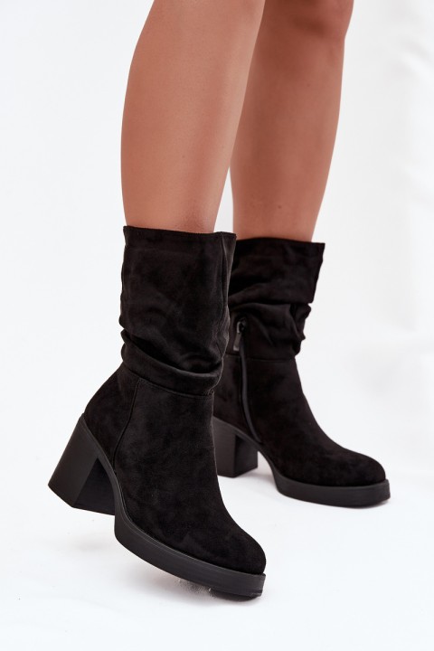 Women's Booties With Gathering On The Block Heel Warm Black Amoria