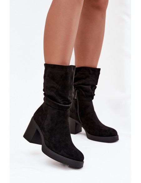 Women's Booties With Gathering On The Block Heel Warm Black Amoria