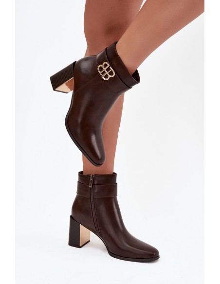 Women's Ankle Boots On Heel With Strap And Gold Detail Chocolate Galinne