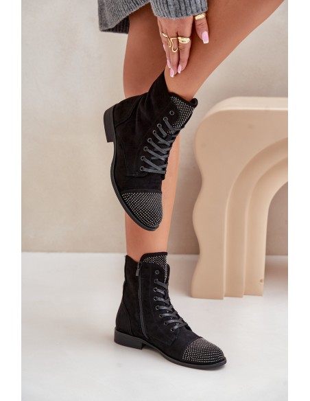 Embellished ankle boots with flat heel eco suede insulated black Ellieo