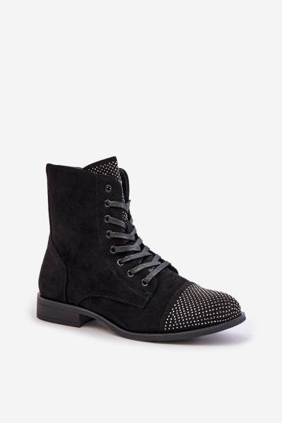 Embellished ankle boots with flat heel eco suede insulated black Ellieo 2