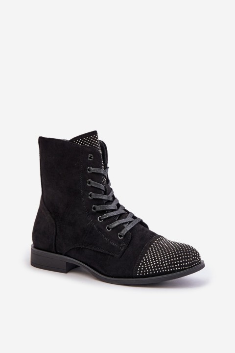 Embellished ankle boots with flat heel eco suede insulated black Ellieo