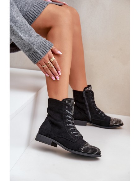 Embellished ankle boots with flat heel eco suede insulated black Ellieo