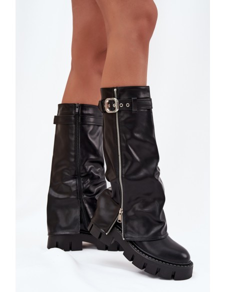 Insulated boots with turned collar buckle and silver zipper Black Armena