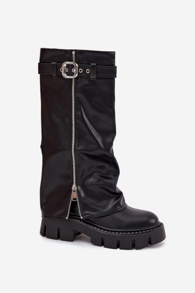 Insulated boots with turned collar buckle and silver zipper Black Armena 2