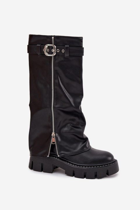 Insulated boots with turned collar buckle and silver zipper Black Armena
