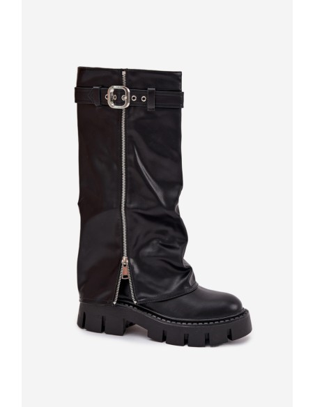 Insulated boots with turned collar buckle and silver zipper Black Armena